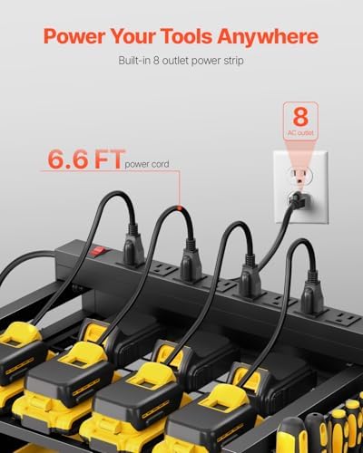 VEVOR 4-Tier Tool Organizer Cart with Charging Station, 8 AC Outlet, Floor Stand Rolling Drill Holder and Tool Battery Storage Rack on Wheels, Garage Floor Rolling Storage Cart for Workshop, Garage