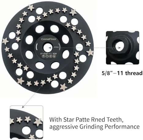 Diamond Grinding Cup Wheel for Concrete & Masonry, 36 Aggressive Star Segments, 5 Inch 5/8"-11 Thread, 30 Grit