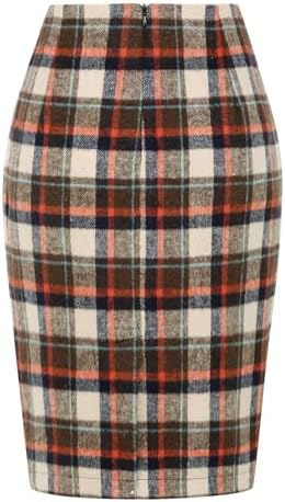 IDEALSANXUN Plaid Skirts for Women Fall Winter Knee Length Pencil Wool Skirt with Slit
