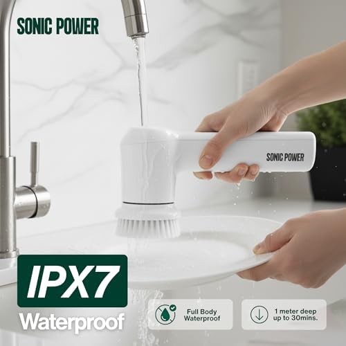 SonicPower Electric Spin Scrubber – Handheld & Ergonomic, IPX7 Waterproof, 4 Multi-Purpose Brush Heads, Long-Lasting Rechargeable Battery – Cleans Dishes, Bathroom, Tile, Grout & Kitchen (White)