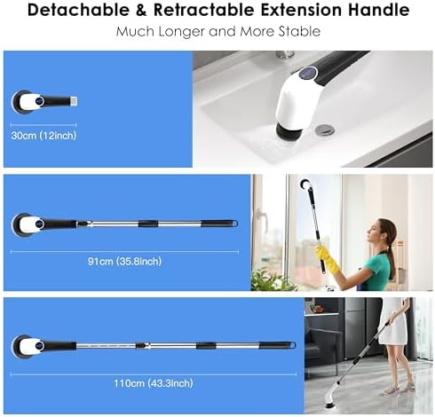Electric Spin Scrubber, Cordless Voice Prompt Shower Scrubber with 8 Replaceable Brush Heads, 3 Adjustable Speeds, Long Handle for Bathroom Floor and Tile
