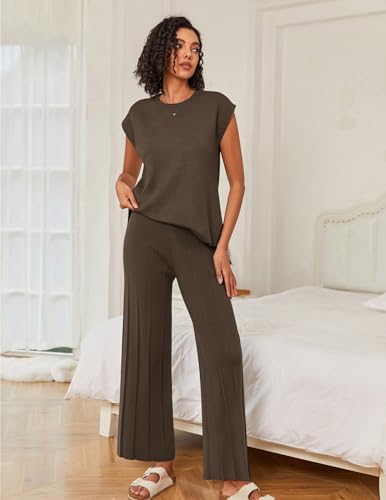 Ekouaer Lounge Sets for Women Two Piece Outfits Knit Cap Sleeve Tops Wide Leg Pleated Pants Casual Dressy Sweater Sets