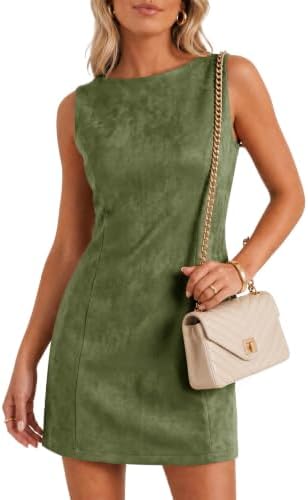 Wenrine Womens Suede Mini Dress Fall A Line Zipper Slim Party Dresses