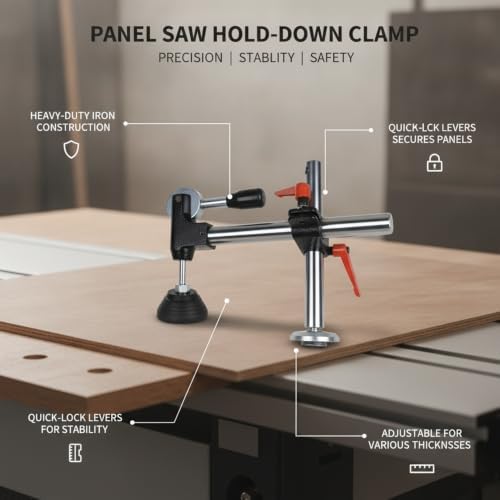 Iron Panel Saw Hold-Down Clamp for Woodworking, Horizontal Workholding Device Secures Large Sheets for Straight Cuts, Black Finish