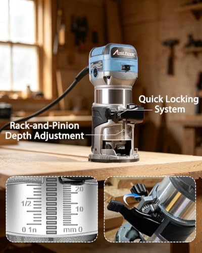 AVID POWER 6.5 Amp 1.25 HP Compact Router Tools for Woodworking, Fixed Base Wood Router with Trim Router Bits, 6 Variable Speeds, Edge Guide, Roller Guide, Dust Hood (Blue, 65mm)