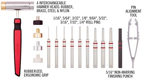 Real Avid Roll Pin Punch Set & Hammer + Non-Slip Magnetic Bench Block | 10 Nickel-Plated Steel Roll Pin Punches, 4 Interchangeable Hammer Heads - Brass, Steel, Ruber, Nylon & Non-Marring Bench Block