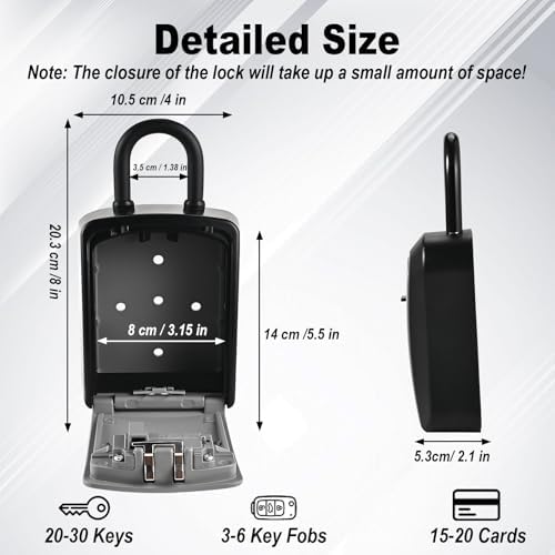 XXL Large Key Lock Box, 5.5”x4.1”x2.1” Kirsite Combination Lockbox | Waterproof Lockbox Keys Outdoor, Portable Key Lock Box Wall Mount with Code (1 Pack, Black-Gray)