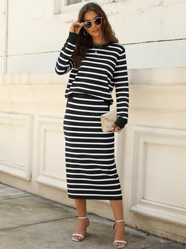 ANRABESS Women 2 Piece Striped Sweater Skirt Set