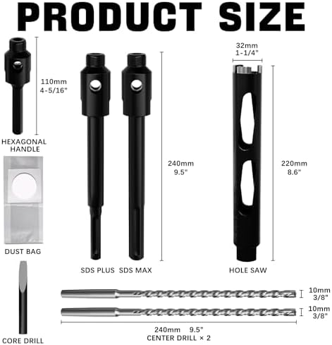 Diamond Core Drill Bit 1-1/4"(32mm) with Pilot Bit & Adapters (SDS Plus & Hex) – Upgraded Welded Segments, 8.6" Depth – for Concrete, Solid Brick, Hollow Brick, Masonry & More
