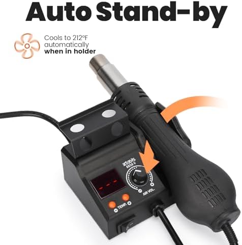 8858-V Compact Entry-Level Hot Air Rework Station Iron Kit with Integrated Design, 3 Hot Air Nozzles, PID Temp Control, Adjustable Temp & Air Volume, °C/°F Conversion, Auto Stand-by Mode