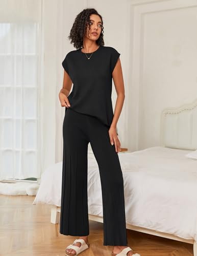 Ekouaer Lounge Sets for Women Two Piece Outfits Knit Cap Sleeve Tops Wide Leg Pleated Pants Casual Dressy Sweater Sets