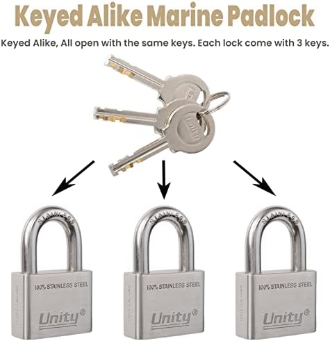 Unity Marine Padlock Keyed Alike 100% Stainless Steel Weatherproof for Sea, Boat, Port, Gate, Anti-Pick (2, 50mm)
