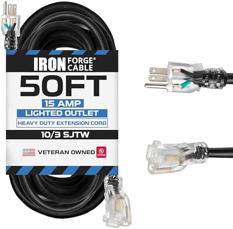 Iron Forge Cable 10 Gauge Extension Cord Heavy Duty, 50 Ft - Black SJTW