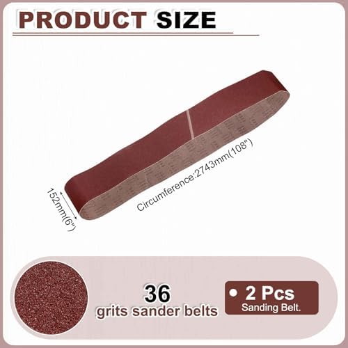 HARFINGTON 6 x 108 Inch Sanding Belts, 2 Pcs 36 Grit Aluminum Oxide Abrasive Belt Sander File Belt for Woodworking, Metal Polishing, Knife Sharpener