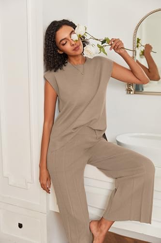 Ekouaer Lounge Sets for Women Two Piece Outfits Knit Cap Sleeve Tops Wide Leg Pleated Pants Casual Dressy Sweater Sets