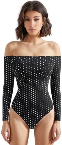 SUUKSESS Women Off Shoulder Long Sleeve Bodysuits Double Lined Basic Tops