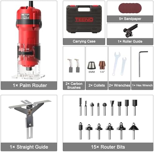 TEENO Wood Router Tool, 6.5 Amp 1.25 HP Wood Routers for Woodworking, 6 Variable Speeds, 1/4" Compact Router with 15-Piece Tungsten Carbide Router Bits, Edge & Roller Guides, Dust Hood