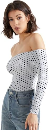SUUKSESS Women Off Shoulder Long Sleeve Bodysuits Double Lined Basic Tops