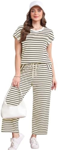 WIHOLL Two Piece Sets for Women Summer Spring Travel Vacation Outfits Cap Sleeve Lounge Matching Sets Wide Leg Pants S-3XL
