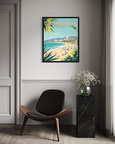 Santa Monica Beach California Black Framed Wall Art Print Poster, US Vintage Retro Beach Scenery Posters Prints for Restroom Home Picture Painting Artwork Gallery 219 (Santa Monica Beach California, 24"L x 18"W, Black Frame)