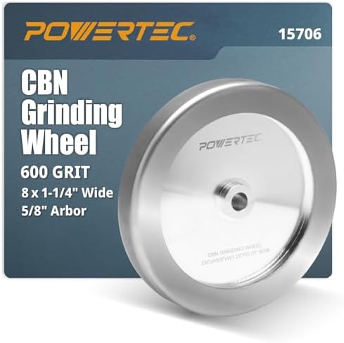 POWERTEC CBN Grinding Wheel 8 Inch 600 Grit, 1-1/4" Wide, 5/8" Arbor – 4-in-1 CBN Sharpening Wheel with 1/4" Radius Edge and Side Face for Bench Grinder (15706)