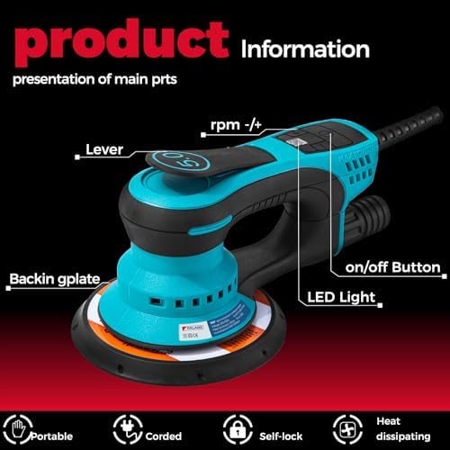 Electric Random Orbital Sander 5mm-350W Powerful Brushless Motor-With 5“/6" Hard Disk and Dust Collector-7 Variable Speed 4000-10000RPM SanderFor Polishing, Scratch Removi,Primary Wood,Panel Processin