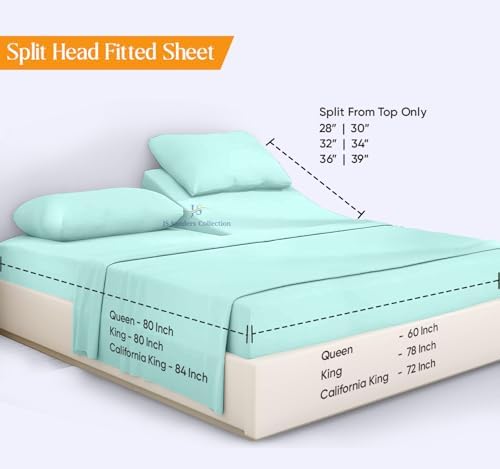 JS Sanders Collection 600TC Flex Top Queen Sheets for Sleep Number Bed - 100% Cotton 4 Pcs Top Split Queen Sheets for Adjustable Bed Queen 30 Inch Down Aqua Blue -18 Inch Deep