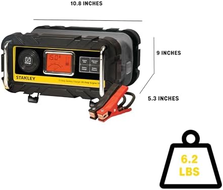 STANLEY BC15BS Fully Automatic 15 Amp 12V Bench Battery Charger/Maintainer with 40A Engine Start, Alternator Check, Cable Clamps