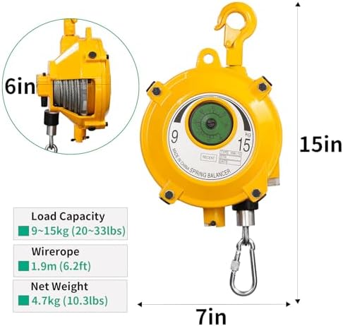 Heavy Duty Spring Balancer 9-15kg (20~33lbs), Tool Hanging Retractor, Retractable Balancer with 1.9m Adjustable Tension Steel Wire Cable, Industrial Tool Hanging Holding Equipment
