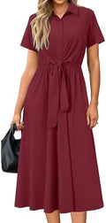 Newshows Women's Work Business Casual Outfits Tie Waist Midi Shirt Dress