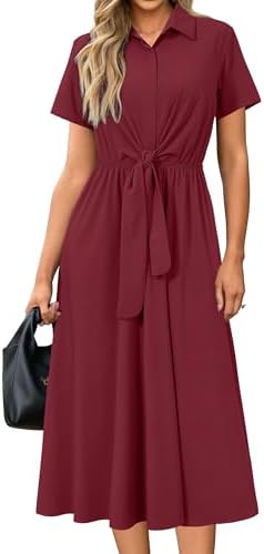Newshows Women's Work Business Casual Outfits Tie Waist Midi Shirt Dress