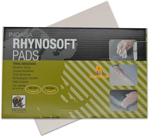 Indasa Rhynosoft Foam Sanding Pads - 4.5" x 5.5",Hook and Loop, 150 Grit, Plusline, Flexible, Tear-Resistant, Ideal for Automotive,Wood,& Finishing (Pack of 20 Pads)