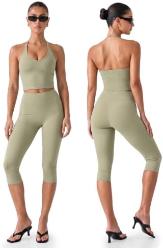 Workout Capri Gym Set for Women - 2 Piece Yoga Set with Leggings Halter Top
