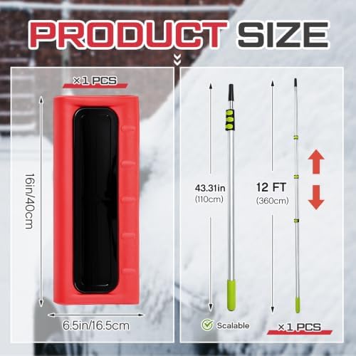 Chumia Adjustable Snow Roof Rake, 12-20ft Telescopic Pole, No-Scratch Rake