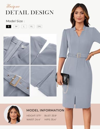 GRACE KARIN Women's Work Dress 3/4 Sleeve V Neck Bodycon Dress with Belt