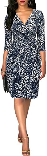 Berydress Women's 3/4 Sleeve V Neck Casual Party Work Faux Black Wrap Dress