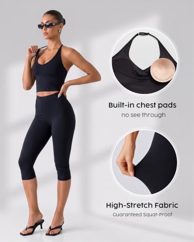 Workout Capri Gym Set for Women - 2 Piece Yoga Set with Leggings Halter Top