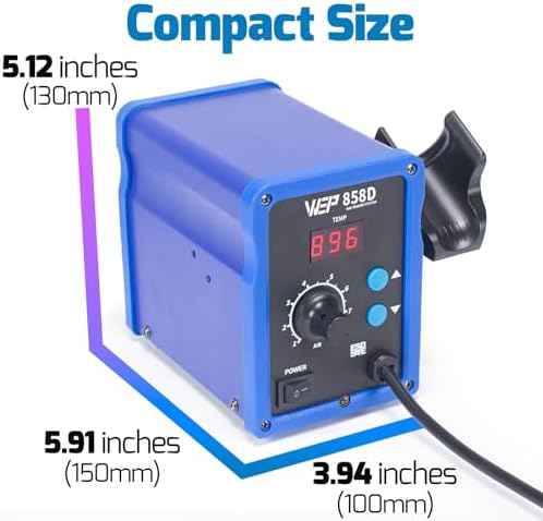 WEP 858D Hot Air Rework Soldering Station with Temperature Control, Adjustable Air Volume, Digital Display for SMD Soldering with 4 Extra Hot Air Nozzles