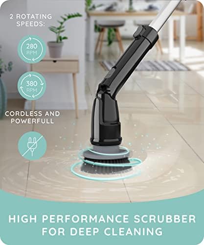 JULY HOME Electric Spin Scrubber with Adjustable Extension Shower Scrubber Brush, Cordless Automatic Power Scrubber for Shower, Cleaner for Tile, Floor, Long Handle & 3 Brush (Packaging May Vary)