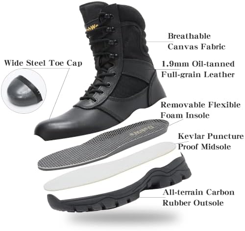 DahWe Men's Steel Toe Work Boots with Side Zipper 8 inches
