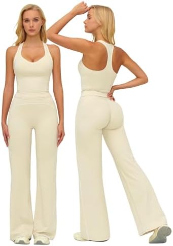 ABOCIW Two Piece Workout Sets for Women Racerback Tank Top Matching High Waist Wide Leg Yoga Pants Pilates Outfits