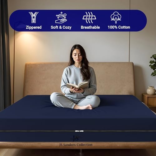 JS Sanders Zippered Mattress Protector Full Size – Soft 100% Egyptian Cotton, 600 Thread Count Deep Pocket Fitted Sheet Encasement Cover for Bed Breathable, 12-16 Inch Fit, Navy Blue 54x75