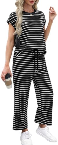 WIHOLL Two Piece Sets for Women Summer Spring Travel Vacation Outfits Cap Sleeve Lounge Matching Sets Wide Leg Pants S-3XL