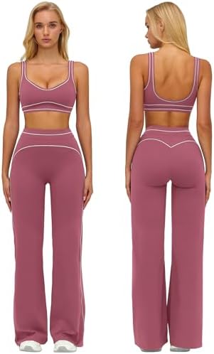 ABOCIW Two Piece Workout Sets for Women Racerback Tank Top Matching High Waist Wide Leg Yoga Pants Pilates Outfits