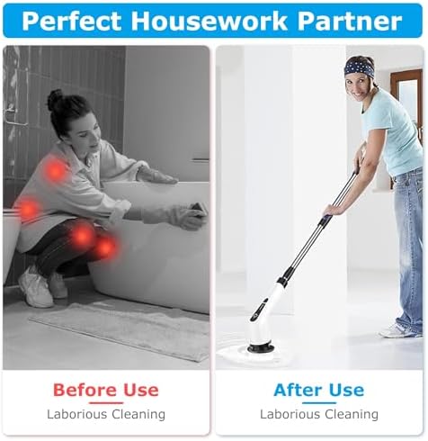Electric Spin Scrubber, Cordless Telescopic Rechargeable Cleaning Brush, 8 Replaceable Heads, 2 Speed Adjustable for Bathroom & Floor