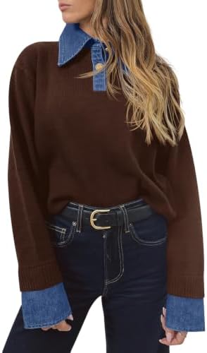 Saodimallsu Womens Denim Patchwork Sweaters V Neck Polo Pullover Tops