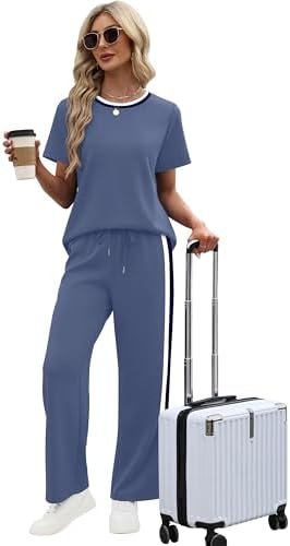 WIHOLL 2 Piece Lounge Sets for Women Matching Set Summer Outfits Short Sleeve Tops Wide Leg Pants with Pockets
