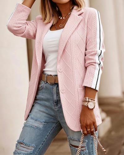 CHICME Women's Argyle Cable Jacquard Tape Sleeve Button Work Travel Blazer