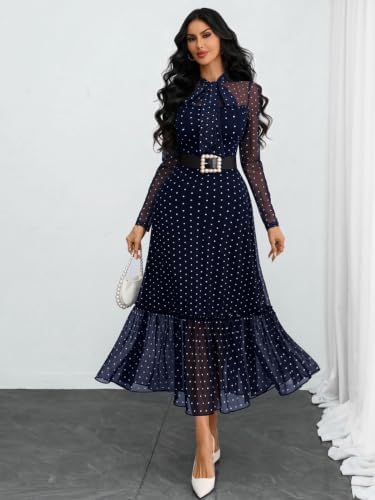 GothDark Polka dot Dress for Women Tie Neck Bow Ruffle Fall Vintage Dress