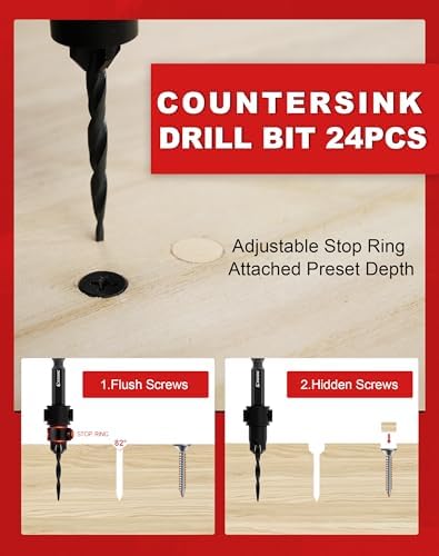 EZARC Countersink Drill Bit Set, 24PCS Tapered Bits with Wooden Sticks